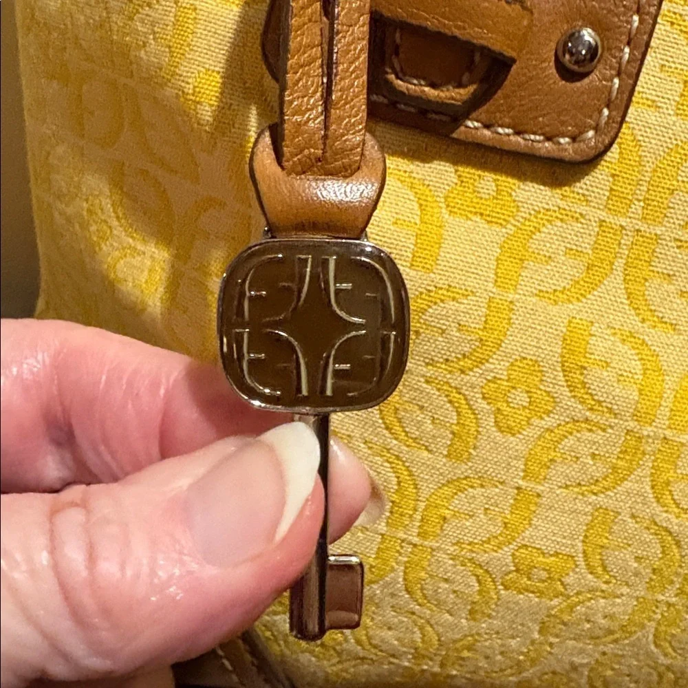 Fossil satchel Crossbody bag fabric yellow print brown leather trim 3 compart